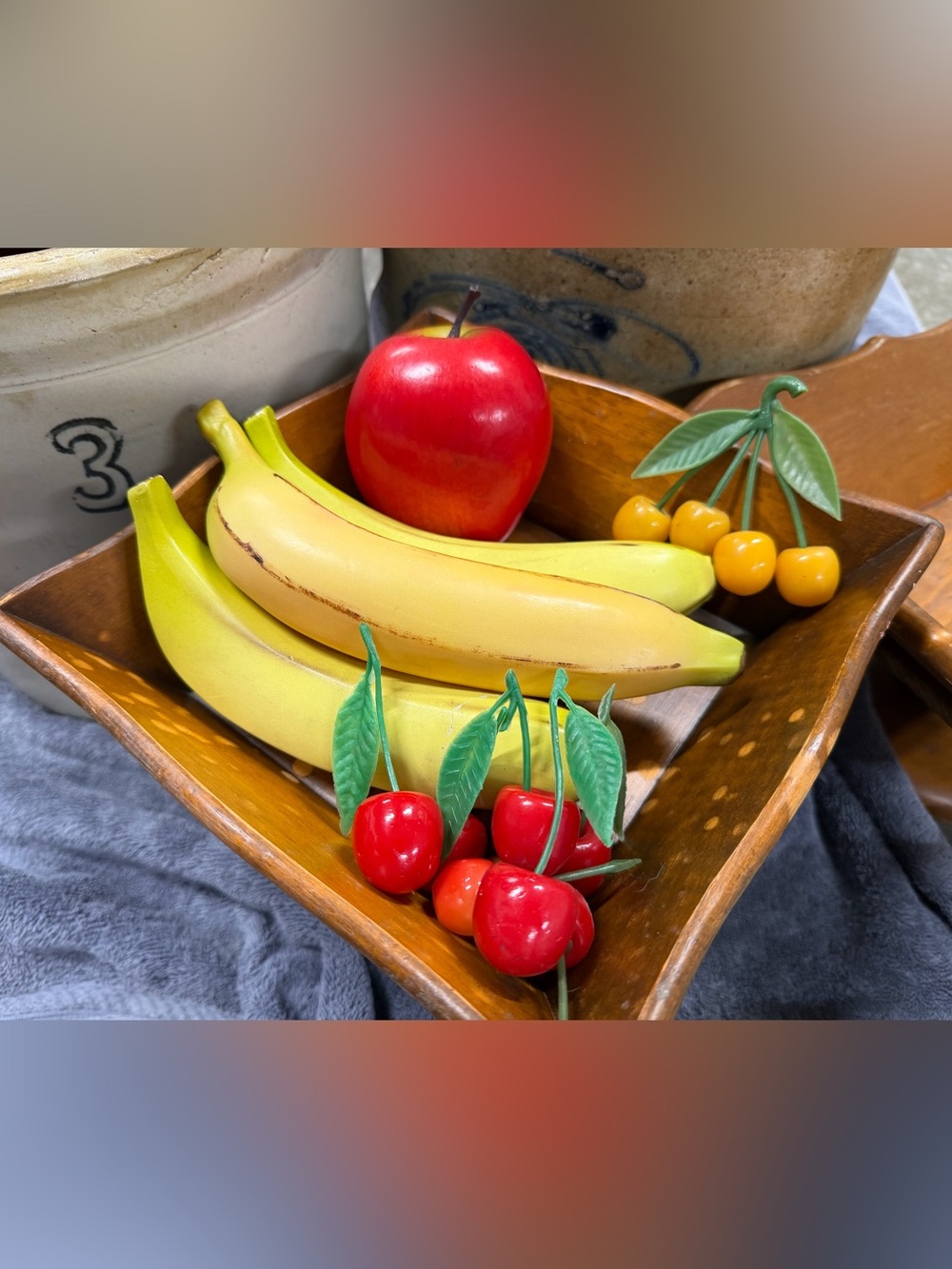 Vintage Realistic Artificial Fruit Bowl Red Apple, Yellow Bananas Red Cherrie
